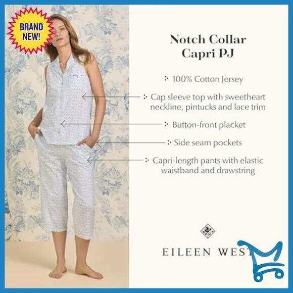 Large 100% Cotton Sleeveless Pajama Set with Capri Pants and Pocket